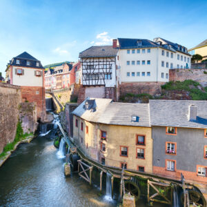 Beautiful houses in the center of Saarburg germany on a guided cycling holiday