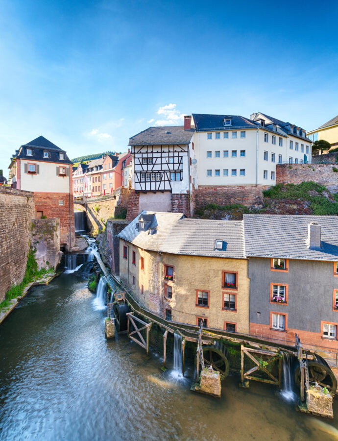 Beautiful houses in the center of Saarburg germany on a guided cycling holiday